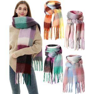 9773 4 Pcs Large Chunky Plaid Scarf For Women Checked